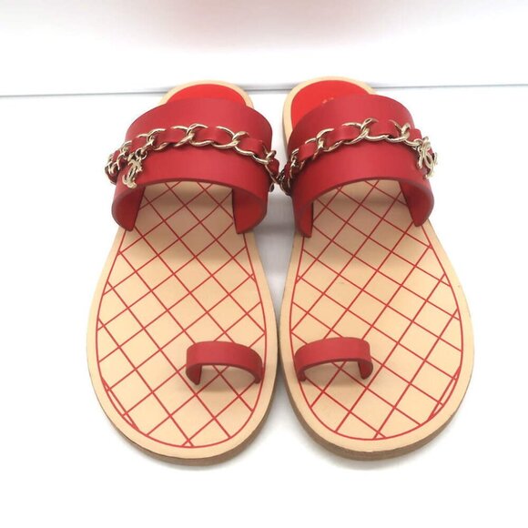 Chanel 19C CC Chain Toe-Strap Flat Slide Sandals Red Leather Size 37.5 - Picture 5 of 13